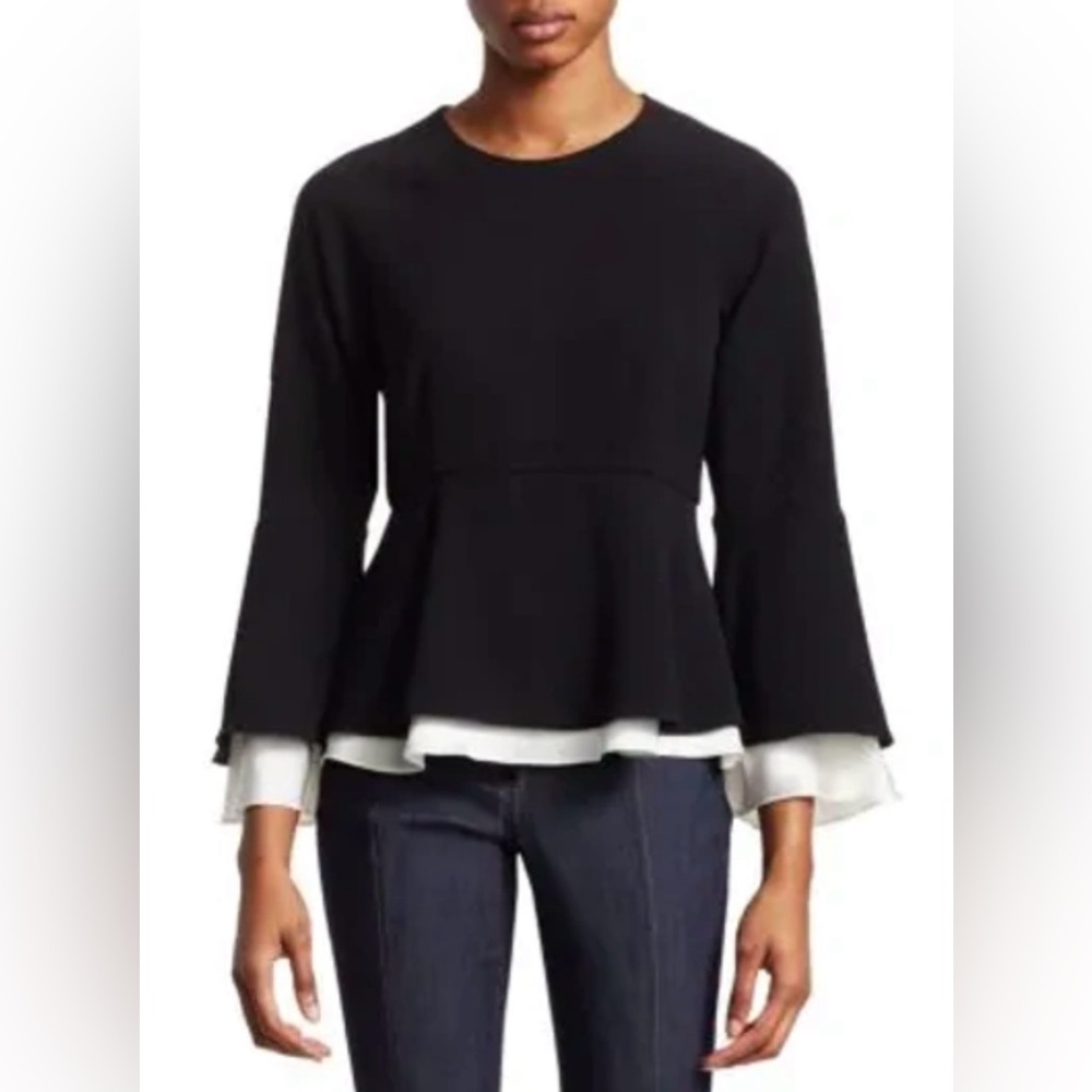 Cinq À Sept “Avalon” Crepe Long-Sleeve Layered Top in Black Ivory Size XS